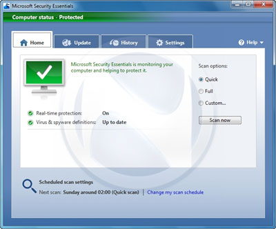 Интерфейс антивирусного пакета Microsoft Security Essentials.
